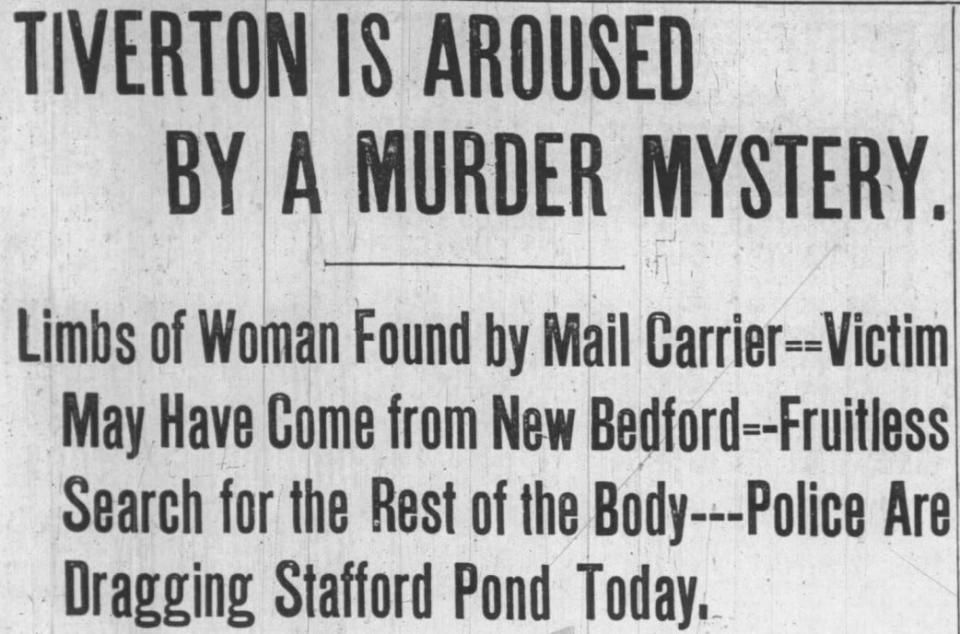 A headline from the Fall River Daily Globe from 1909 details the shocking discovery of body parts found in Tiverton.