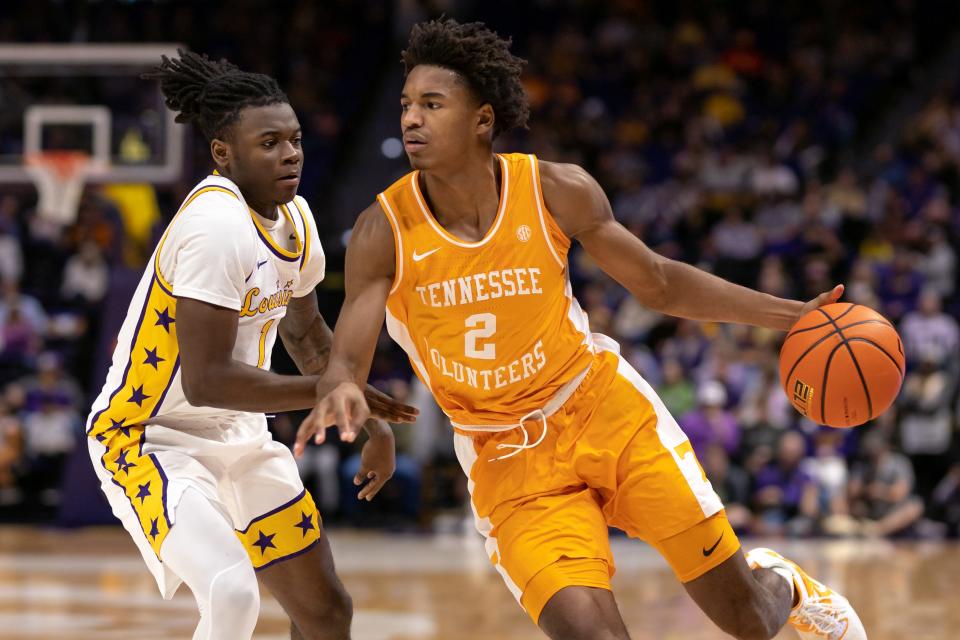Jan 21, 2023; Baton Rouge, Louisiana, USA;  Tennessee Volunteers forward Julian Phillips (2) dribbles the ball against LSU Tigers guard Cam Hayes (1) during the second half at Pete Maravich Assembly Center. Mandatory Credit: Stephen Lew-USA TODAY Sports