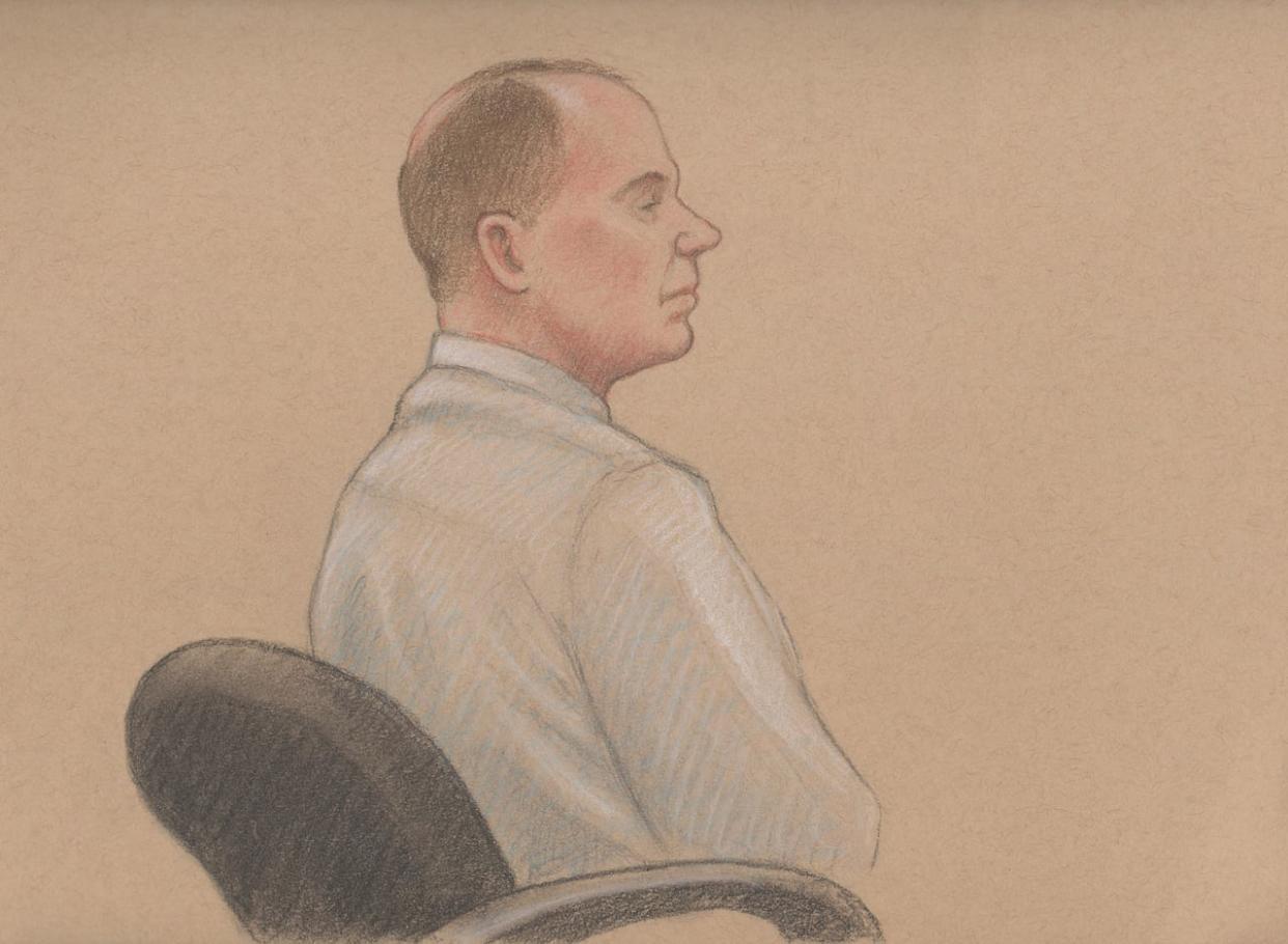 Robert Bender is seen in court on the first day of his criminal trial. (Sketch by Lauren Foster-MacLeod - image credit)