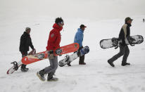 In this Friday, Jan. 24, 2020 photo, Karim Faizi 24, right, a trainer from the Afghanistan Snowboarding Federation leads a group during a practice session on a hilltop on the outskirts of Kabul, Afghanistan. Faizi fled Afghanistan in 2016 to escape the almost two-decade-old war between the U.S. and Taliban militants, seeking asylum in Germany where he fell in love with snowboarding. In 2018, he returned to Afghanistan, saying he did so without awaiting a final decision on his asylum case. (AP Photo/Rahmat Gul)