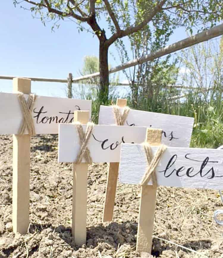 hand painted garden markers in a raised bed