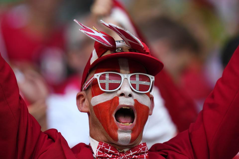 A fan cheers before the start of the World Cup group D soccer match between Denmark and Tunisia, at the Education City Stadium in Al Rayyan , Qatar, Tuesday, Nov. 22, 2022. (AP Photo/Petr David Josek)