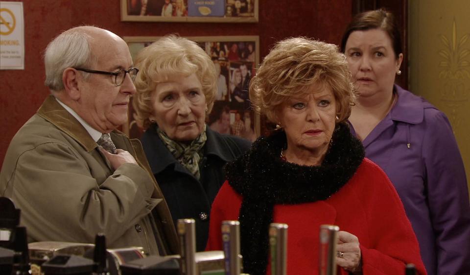 Corrie stars gathering in the Rovers Return. (REX)