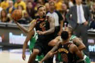 May 19, 2018; Cleveland, OH, USA; Cleveland Cavaliers guard JR Smith (5) looks to pass against the Boston Celtics during the second quarter in game three of the Eastern conference finals of the 2018 NBA Playoffs at Quicken Loans Arena. Mandatory Credit: Aaron Doster-USA TODAY Sports