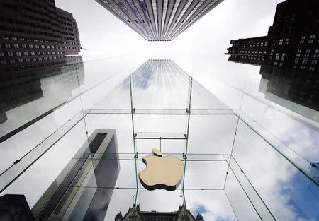 The Apple logo hangs in a glass enclosure above the 5th Ave Apple Store in New York, in this file photo taken on September 20, 2012. REUTERS/Lucas Jackson