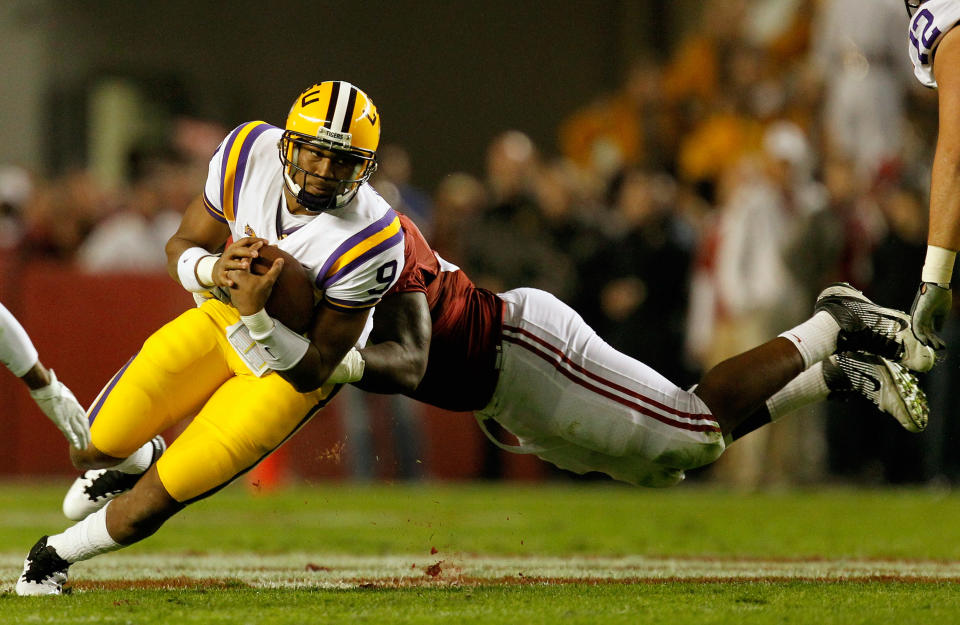 TUSCALOOSA, AL - NOVEMBER 05: Jordan Jefferson #9 of the LSU Tigers is sacked by Damion Square #92 of the Alabama Crimson Tide during the game at Bryant-Denny Stadium on November 5, 2011 in Tuscaloosa, Alabama. (Photo by Streeter Lecka/Getty Images)