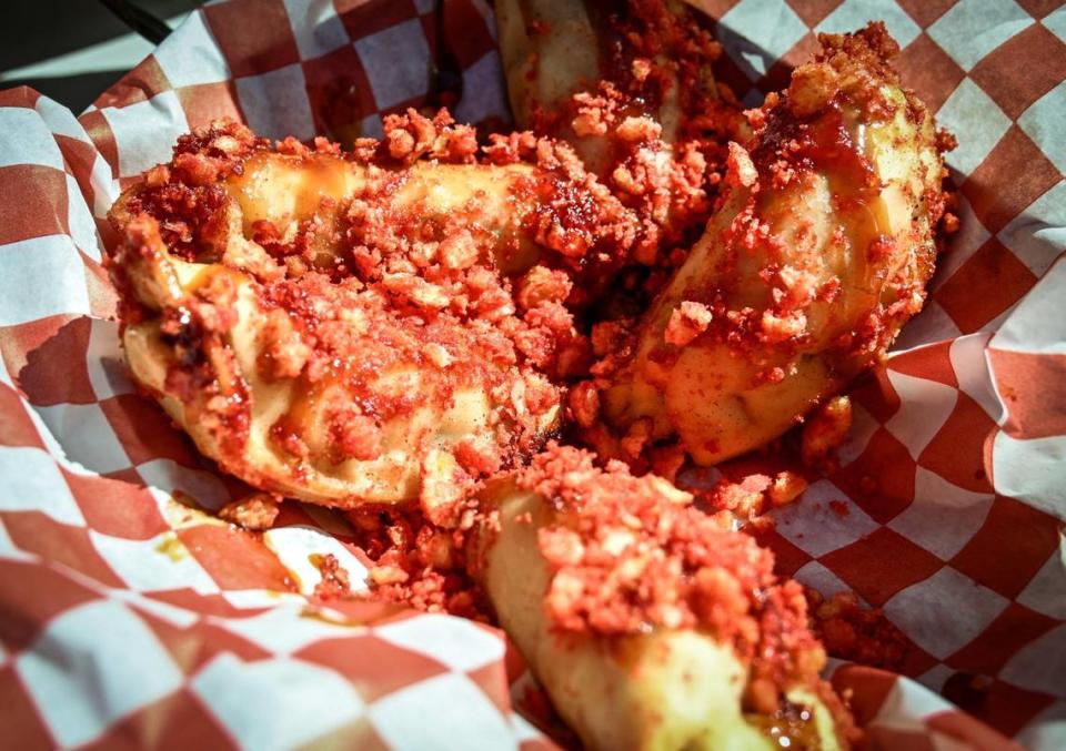 Pot stickers coated in Flamin’ Hot Cheetos are among the new tastes available at Chicken Charlie’s at this year’s Big Fresno Fair.