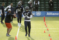 Chicago Bears' outside linebacker Khalil Mack, 52, takes part in an NFL training session at the Allianz Park stadium in London, Friday, Oct. 4, 2019. The Chicago Bears are preparing for an NFL regular season game against the Oakland Raiders in London on Sunday. (AP Photo/Matt Dunham)