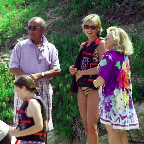 St Tropez: Diana, Princess of Wales, with Mohamed Fayed in July 1997 - Credit: Getty images