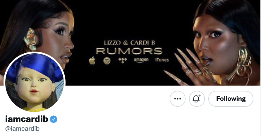 iamcardib's Twitter profile photo ("Red Light, Green Light" doll, Young-hee) and header photo ("Lizzo & Cardi B Rumors")