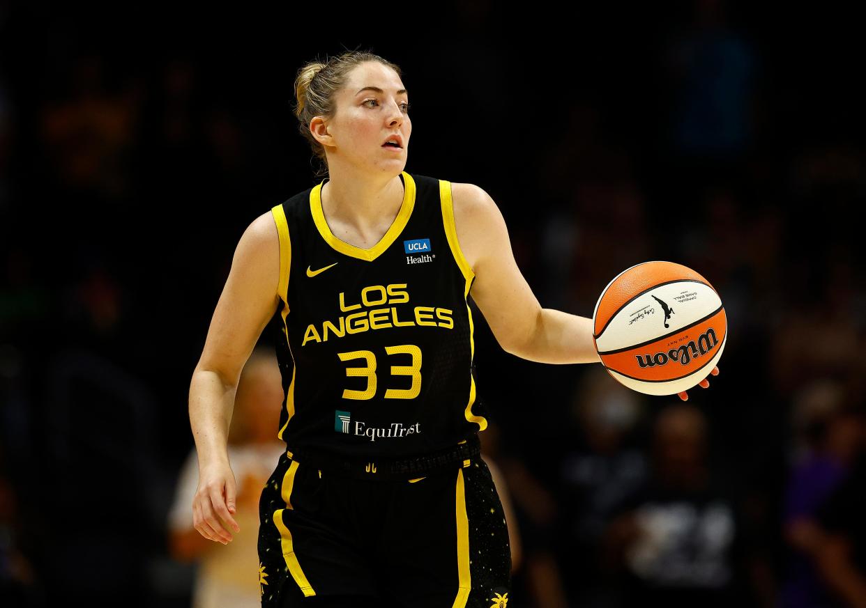 LOS ANGELES, CALIFORNIA - JULY 31: Katie Lou Samuelson #33 of the Los Angeles Sparks in the first quarter at Crypto.com Arena on July 31, 2022 in Los Angeles, California.