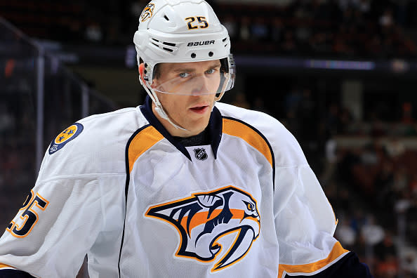 ANAHEIM, CA - OCTOBER 26: Matt Carle #25 of the Nashville Predators waits for a face-off during the game against the Anaheim Ducks on October 26, 2016 at Honda Center in Anaheim, California. (Photo by Debora Robinson/NHLI via Getty Images)