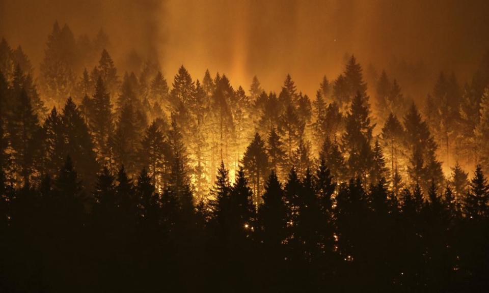 A wildfire burning on the Oregon side of the Columbia River Gorge on 5 September.