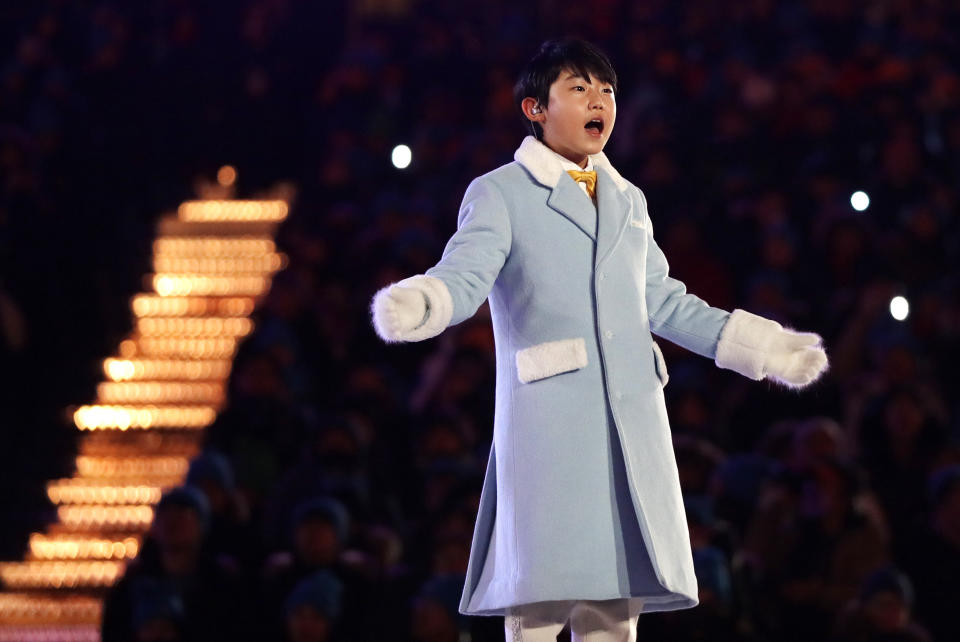<p>OH Yeon-joon sings during the closing ceremony of the 2018 Winter Olympics in Pyeongchang, South Korea, Sunday, Feb. 25, 2018. (AP Photo/Kirsty Wigglesworth) </p>