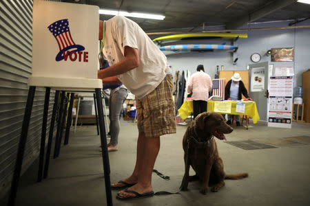 Bob Ballentine, 63, votes in the primary election at a polling station in Venice, Los Angeles, California, U.S. June 5, 2018. REUTERS/Lucy Nicholson