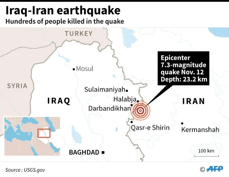 Map showing the epicenter of a 7.3-magnitude quake on the Iraq-Iran border Sunday that has has left hundreds killed