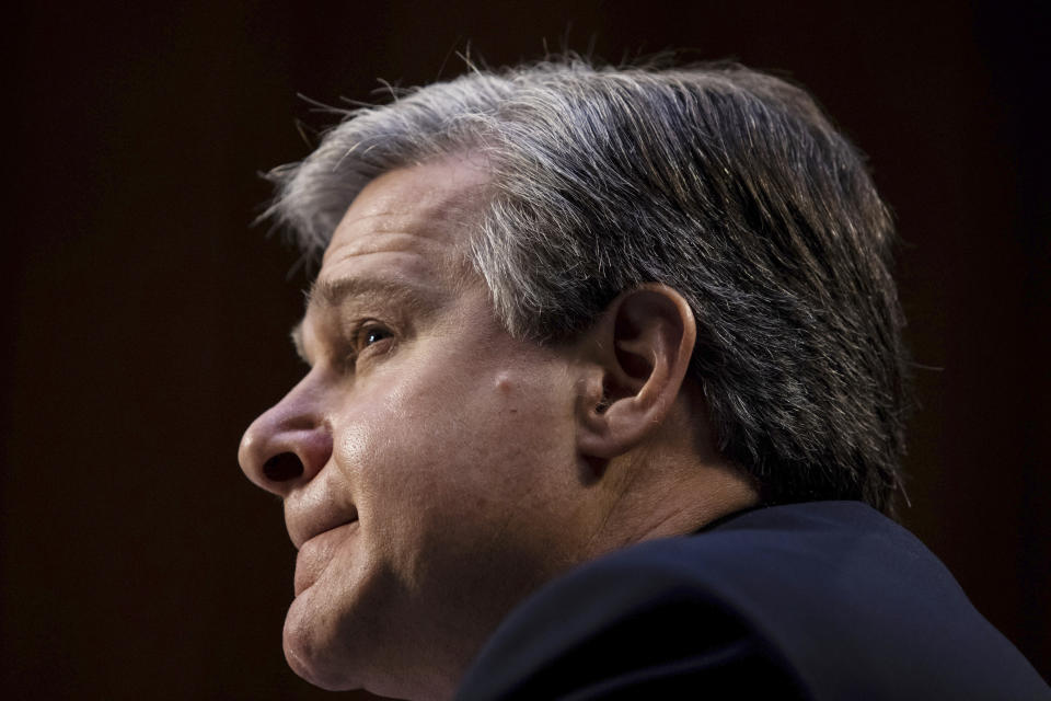 FBI Director Christopher Wray testifies before the Senate Judiciary Committee on Capitol Hill in Washington, Tuesday, March 2, 2021. (Graeme Jennings/Pool via AP)