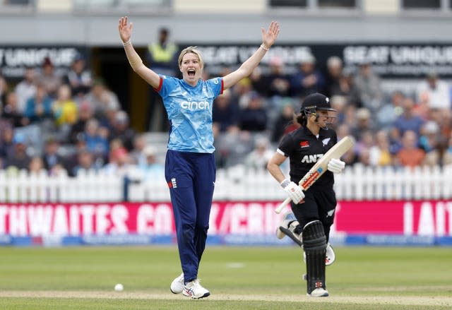 Lauren Bell celebrates taking the wicket of New Zealand's Amelia Kerr on her way to a five wicket-haul