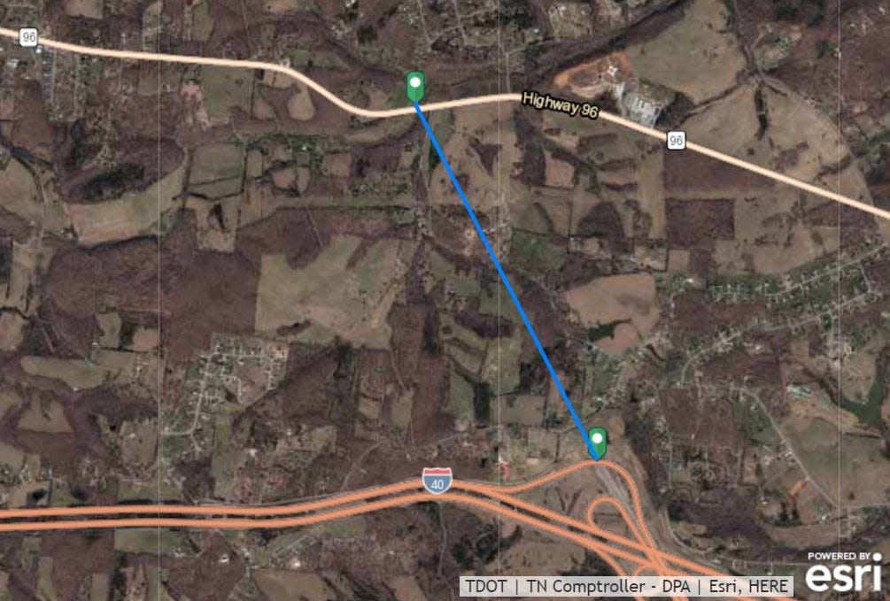 Rough estimate of the connection from I-840 dead-end in Dickson County to Highway 96 in Burns.