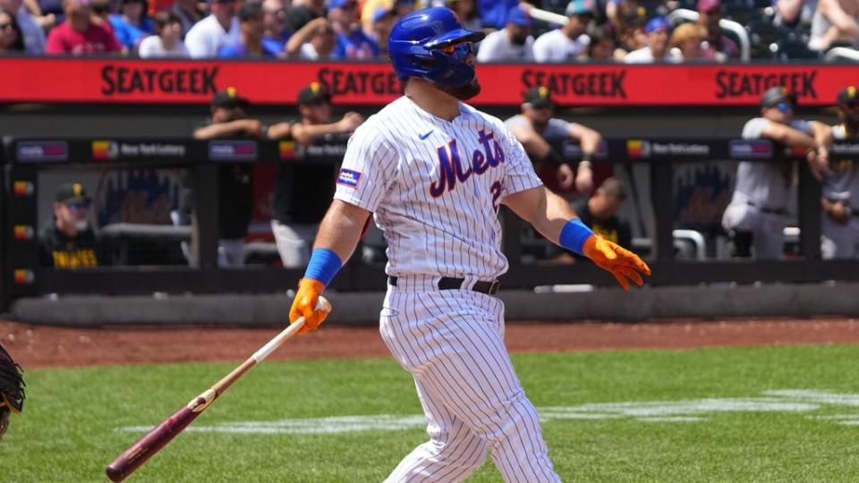 Aug 16, 2023; New York City, New York, USA; New York Mets right fielder DJ Steward (29) hits a home run against the Pittsburgh Pirates during the second inning at Citi Field.