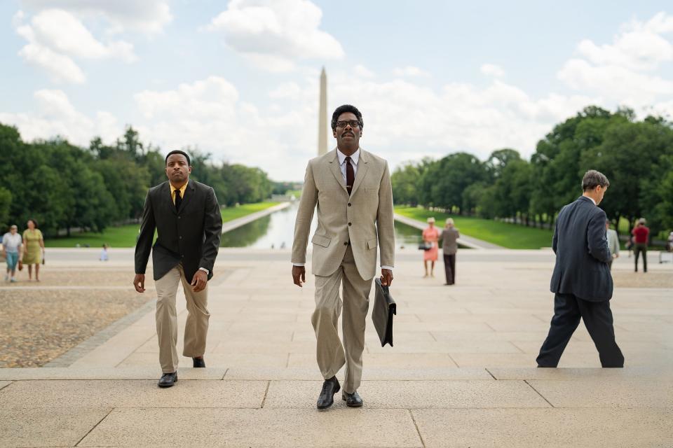 From left, Jeffrey Mackenzie Jordan as Courtney and Colman Domingo as Bayard Rustin in the Netflix film "Rustin."