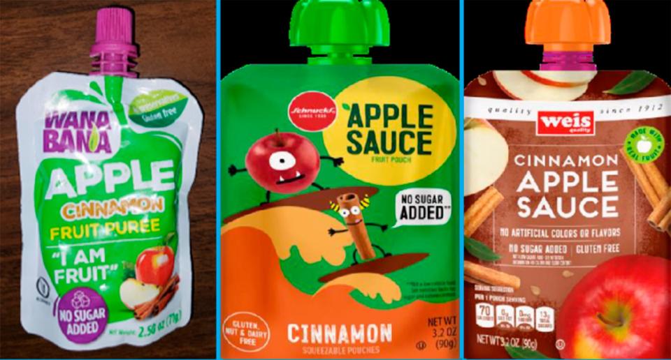 This image provided by the U.S. Food and Drug Administration on Thursday, Nov. 17, 2023, shows three recalled applesauce products - WanaBana apple cinnamon fruit puree pouches, Schnucks-brand cinnamon-flavored applesauce pouches and variety pack, and Weis-brand cinnamon applesauce pouches. U.S. food inspectors found “extremely high” lead levels in cinnamon at a plant in Ecuador that made applesauce pouches tainted with the metal. The recalled pouches have been linked to dozens of illnesses in U.S. kids.