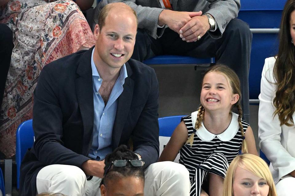 Prince William, Duke of Cambridge and Princess Charlotte of Cambridge attend the Sandwell Aquatics Centre during the 2022 Commonwealth Games on August 02, 2022 in Birmingham, England.