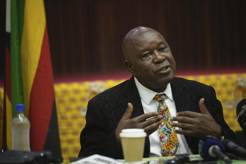 Zanu PF spokesperson, Christopher Mutsvangwa addresses a press conference at the party headquarters in Harare, Sunday, Aug. 27 2023. Zimbabwe's main opposition leader alleged Sunday there had been “blatant and gigantic fraud” after President Emmerson Mnangagwa was declared the winner of another troubled election, with international observers reporting an atmosphere of intimidation against voters. ( AP Photo/Tsvangirayi Mukwazhi)