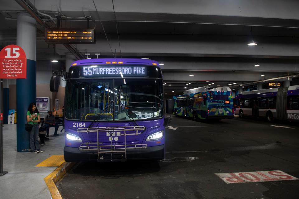 The bus traveling the 55 Murfreesboro Pike route is parked at the station in Nashville, Tenn., Friday, June 30, 2023.