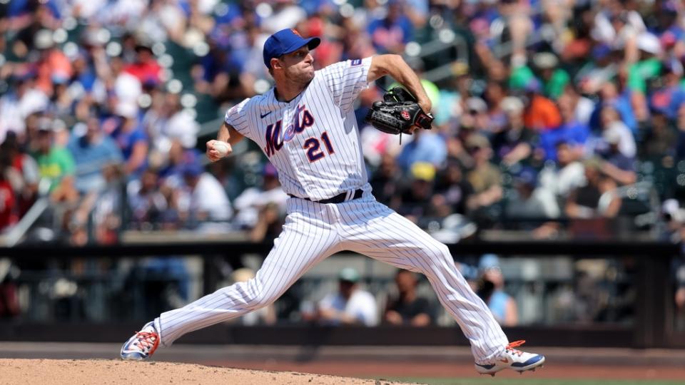 Jun 1, 2023; New York City, New York, USA; New York Mets starting pitcher Max Scherzer (21) pitches against the Philadelphia Phillies during the sixth inning at Citi Field. Mandatory Credit: Brad Penner-USA TODAY Sports