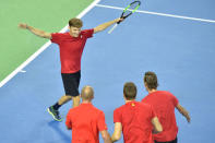 Belgium Tennis - Belgium v Italy - Davis Cup Quarterfinals World Group - Spiroudome, Charleroi, Belgium - 9/4/17. Belgium's David Goffin reacts after winning his singles match against Italy's Paolo Lorenzi. REUTERS/Eric Vidal