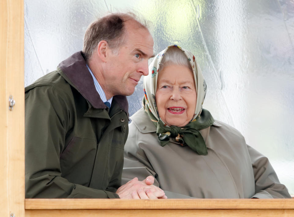 WINDSOR, UNITED KINGDOM - MAY 11: (EMBARGOED FOR PUBLICATION IN UK NEWSPAPERS UNTIL 24 HOURS AFTER CREATE DATE AND TIME) Queen Elizabeth II, accompanied by Donatus, Prince and Landgrave of Hesse, watches her horse 'Balmoral Mandarin' compete in the BSPS Ridden Mountain and Moorland class on day 4 of the Royal Windsor Horse Show in Home Park on May 11, 2019 in Windsor, England. (Photo by Max Mumby/Indigo/Getty Images)