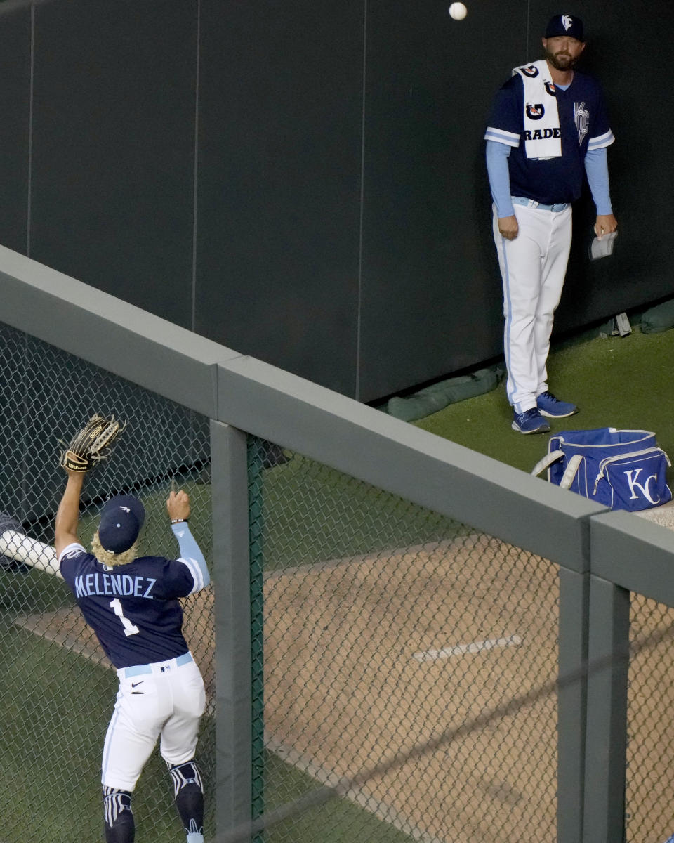 Kansas City Royals right fielder MJ Melendez (1) watches a three-run home run ball hit by Washington Nationals' Corey Dickerson during the sixth inning of a baseball game Friday, May 26, 2023, in Kansas City, Mo. (AP Photo/Charlie Riedel)