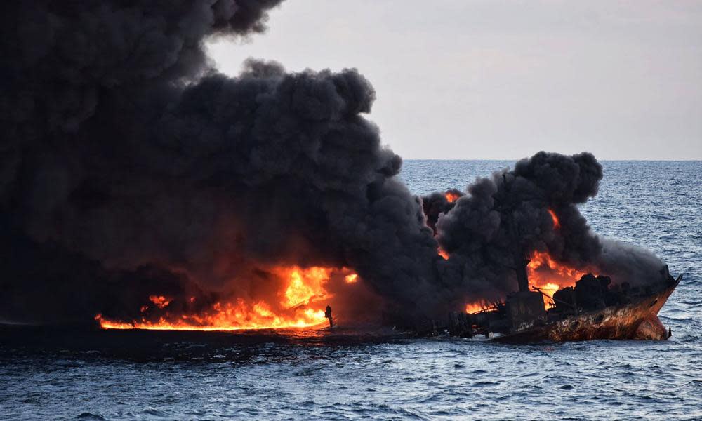 The burning oil tanker Sanchi off the coast of eastern China