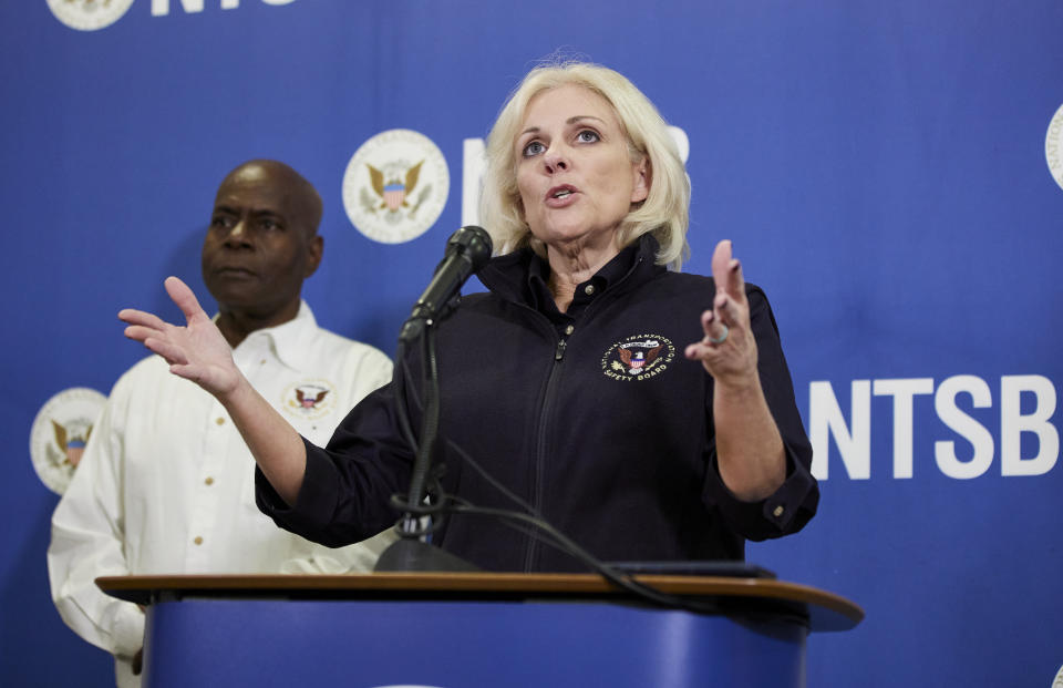 National Transportation Safety Board Chair Jennifer Homendy speaks to the media about the investigation on Alaska Airlines flight 1282 in Portland, Ore., Saturday, Jan. 6, 2024. Federal officials on Saturday ordered the immediate grounding of some Boeing 737 Max 9 jetliners until they are inspected after the Alaska Airlines plane suffered a blowout that left a gaping hole in the side of the fuselage. (AP Photo/Craig Mitchelldyer)