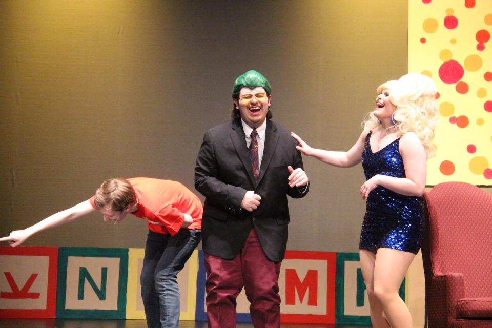 From left, Dominic Rinner, Jefry Gonzalez and Maddy Hollingsworth react during a scene from "Matilda the Musical."