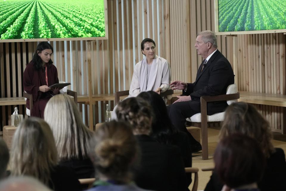 Agriculture Secretary Tom Vilsack, right, speaks next to Mariam Almheiri, United Arab Emirates Minister of Climate Change and Environment, during a session at the COP28 U.N. Climate Summit, Friday, Dec. 8, 2023, in Dubai, United Arab Emirates. (AP Photo/Joshua A. Bickel)