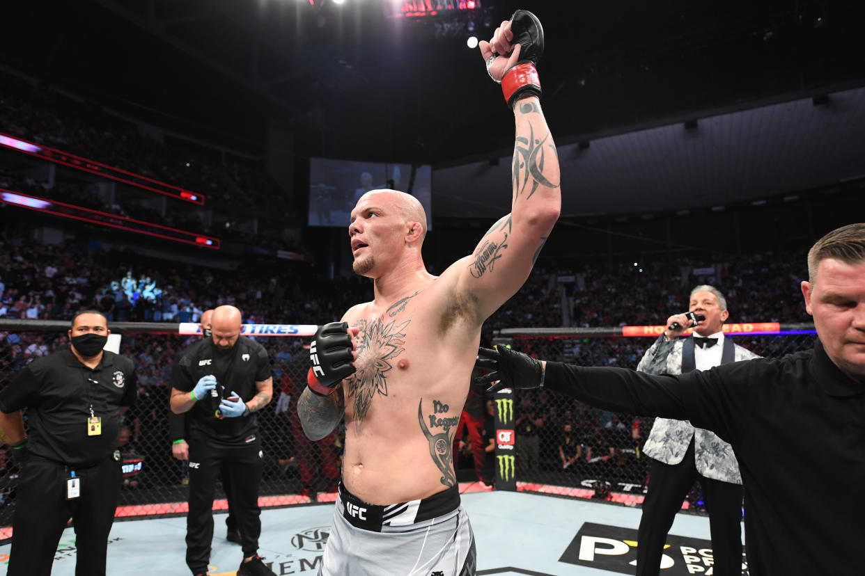 JACKSONVILLE, FLORIDA - APRIL 24: Anthony Smith reacts after defeating Jim Crute of Australia by TKO in their light heavyweight bout during the UFC 261 event at VyStar Veterans Memorial Arena on April 24, 2021 in Jacksonville, Florida. (Photo by Josh Hedges/Zuffa LLC)