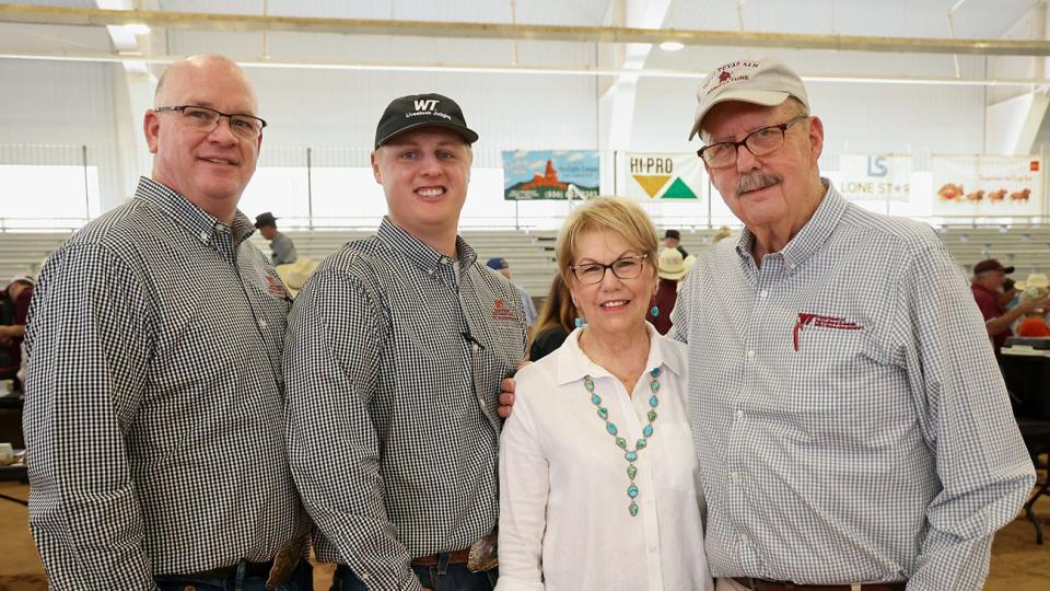 Dr. Lance Kieth, left, and Micheal Semler have been named, respectively, the Couch Family Professor of Extension Education and the Dr. Bob and Cleo Robinson Professor of Livestock Judging at West Texas A&M University. They are seen celebrating their appointments during Ag Day on Sept. 9 with Cleo and Dr. Bob Robinson.