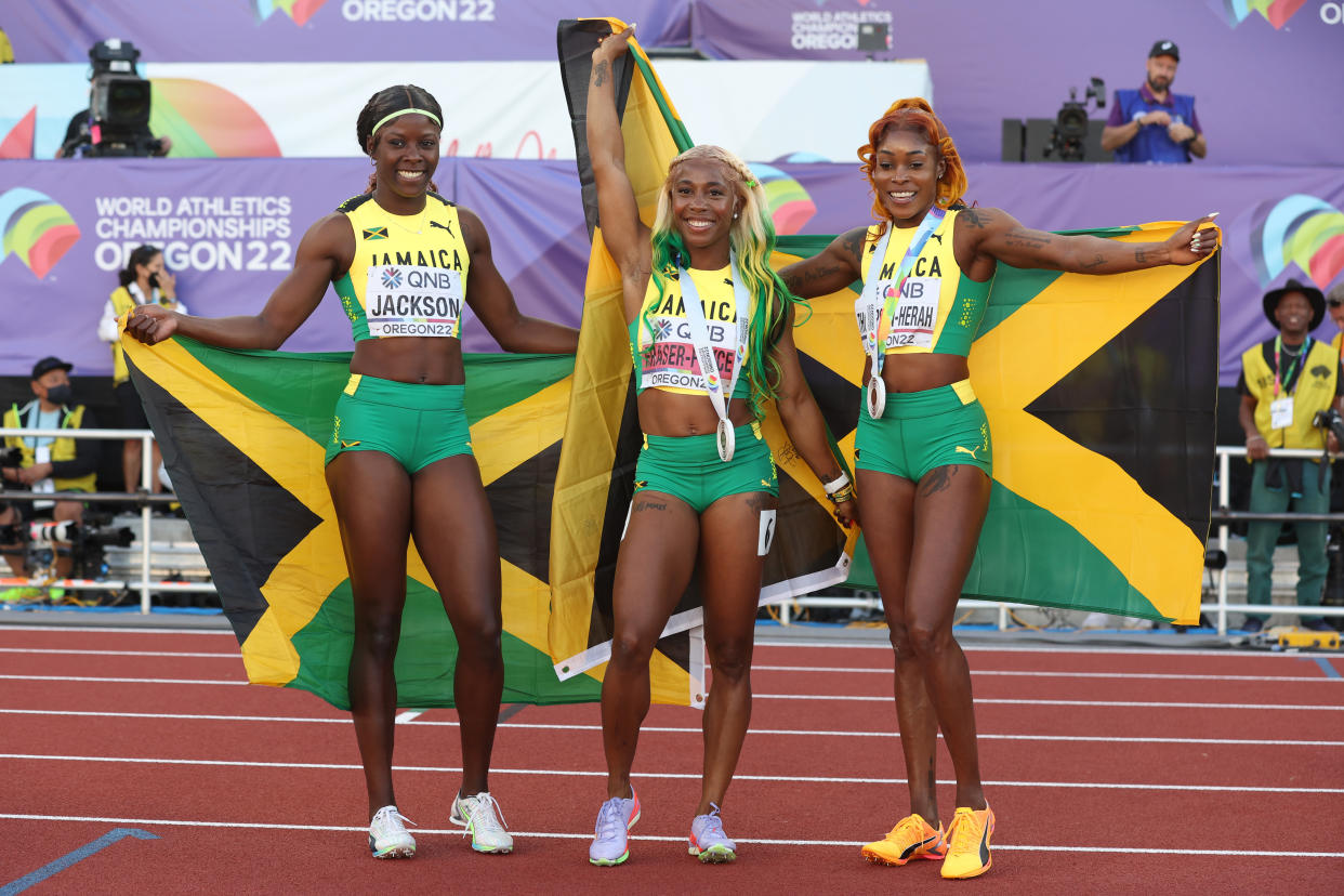 shelly-ann fraser-price, shericka jackson and elaine thompson-herah celebrate women's 100 m win on track