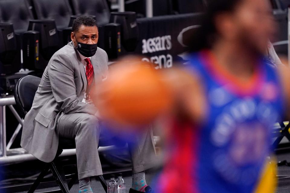 Detroit Pistons GM Troy Weaver watches Thursday, Jan. 28, 2021, during the second half of a game between the Detroit Pistons and the Los Angeles Lakers in Detroit.