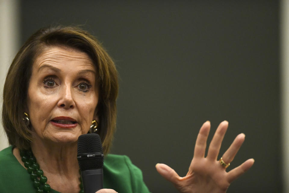 MEDIA, PA - MAY 24:  U.S. House Speaker Nancy Pelosi (D-CA) joins U.S. Congresswoman Mary Gay Scanlon (D-PA) and U.S. Congresswoman Madeleine Dean (D-PA) at Delaware County Community College for a talk on education on May 24, 2019 in Media, Pennsylvania.  Yesterday Pelosi sparred with President Donald J. Trump tweeting, When the extremely stable genius starts acting more presidential, Ill be happy to work with him on infrastructure, trade and other issues. (Photo by Mark Makela/Getty Images)