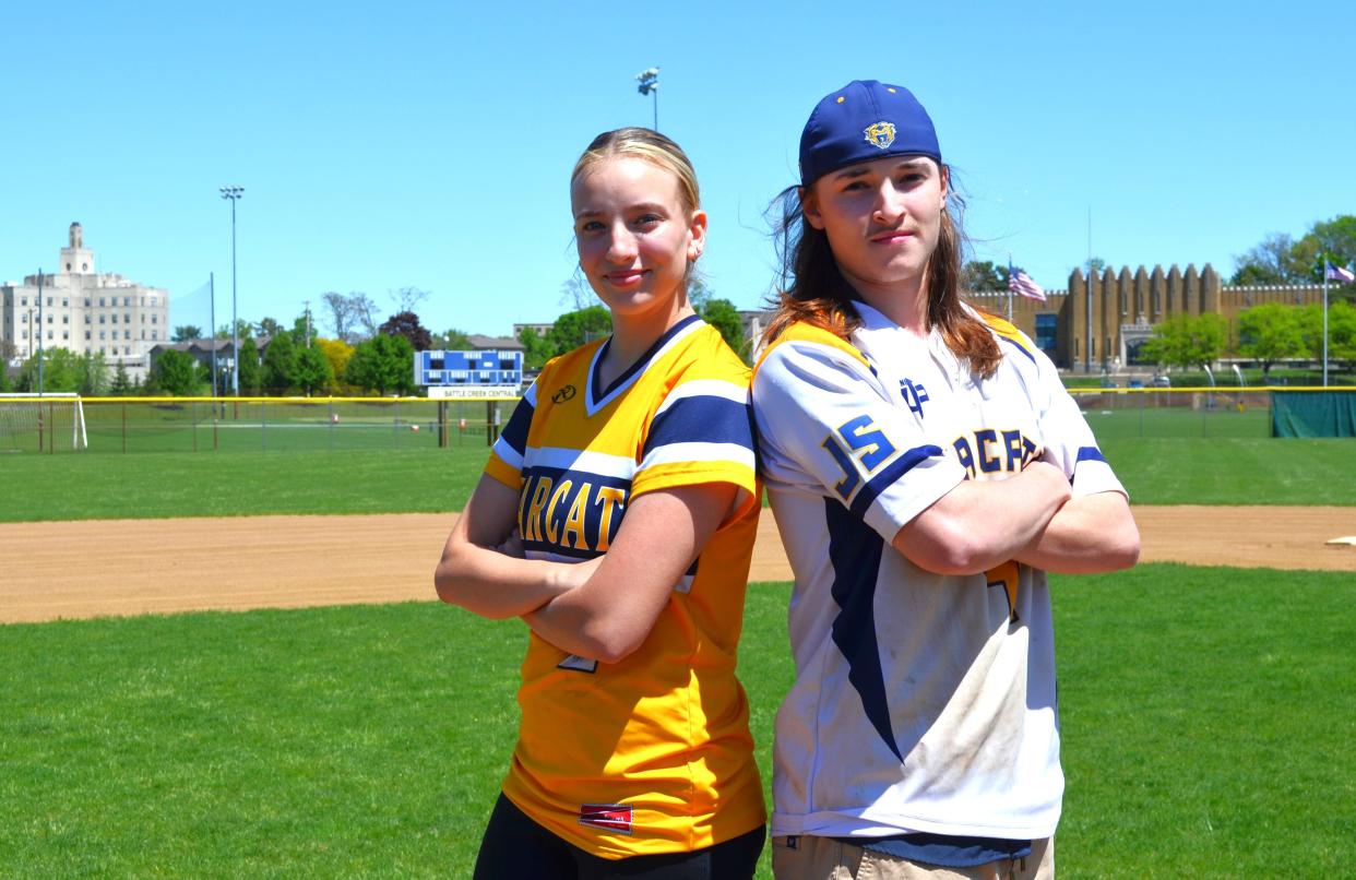 Kaylynn Jones, left, and Caleb Jones are twins and seniors at Battle Creek Central. Kaylynn is the No. 1 pitcher for the Bearcat softball team. Caleb is the leading pitcher and starting outfielder for the Bearcat baseball team.