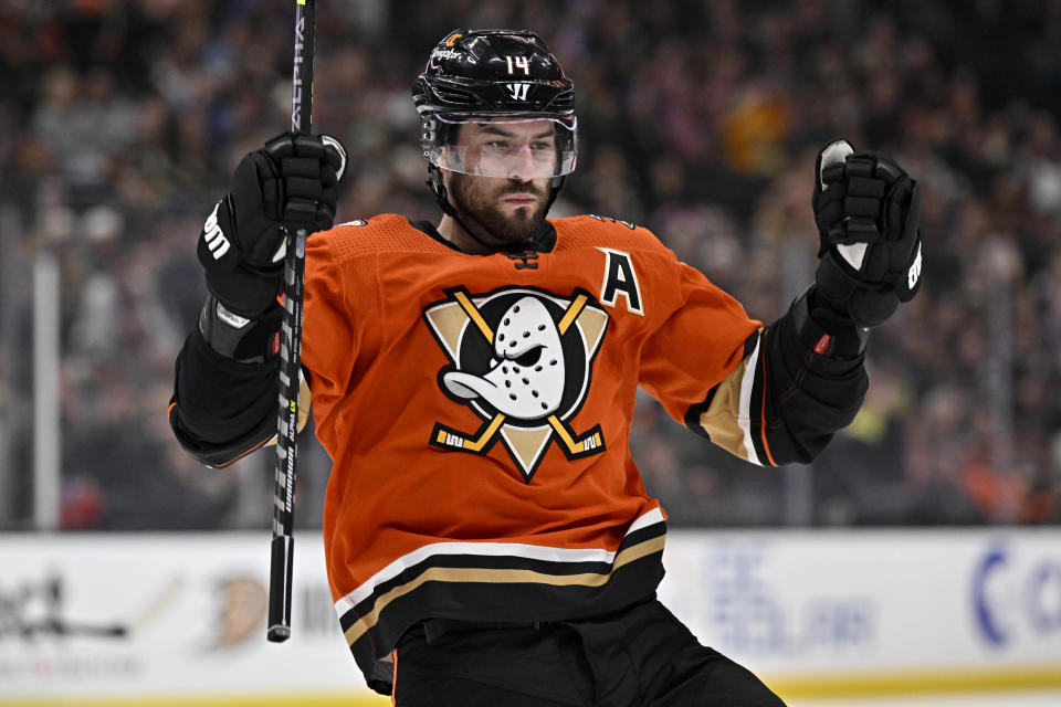 Anaheim Ducks center Adam Henrique reacts after scoring his second goal against the Vegas Golden Knights during the first period of an NHL hockey game in Anaheim, Calif., Wednesday, Dec. 28, 2022. (AP Photo/Alex Gallardo)