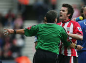 <p>In a 2005 match against Arsenal, Southampton midfielder David Prutton shoved a referee who gave him a red card. <strong>He </strong><strong><strong>was hit with just <span><span><a rel="nofollow noopener" href="https://www.theguardian.com/football/2005/mar/03/newsstory.sport" target="_blank" data-ylk="slk:a 10-game ban;elm:context_link;itc:0;sec:content-canvas" class="link ">a 10-game ban</a>. (And he hit a referee!)</span></span></strong></strong></p>