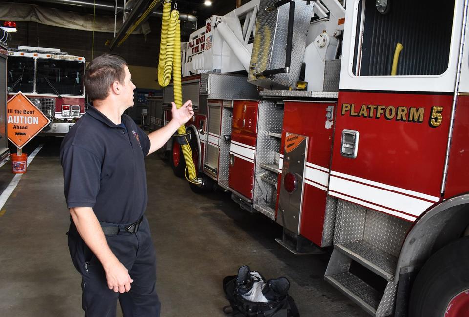 At the Candeias Fire Station, Fall River Fire Department Captain Dave Jennings talks about how Platform 5's outdated 2001 bucket/ladder truck is unusable.
