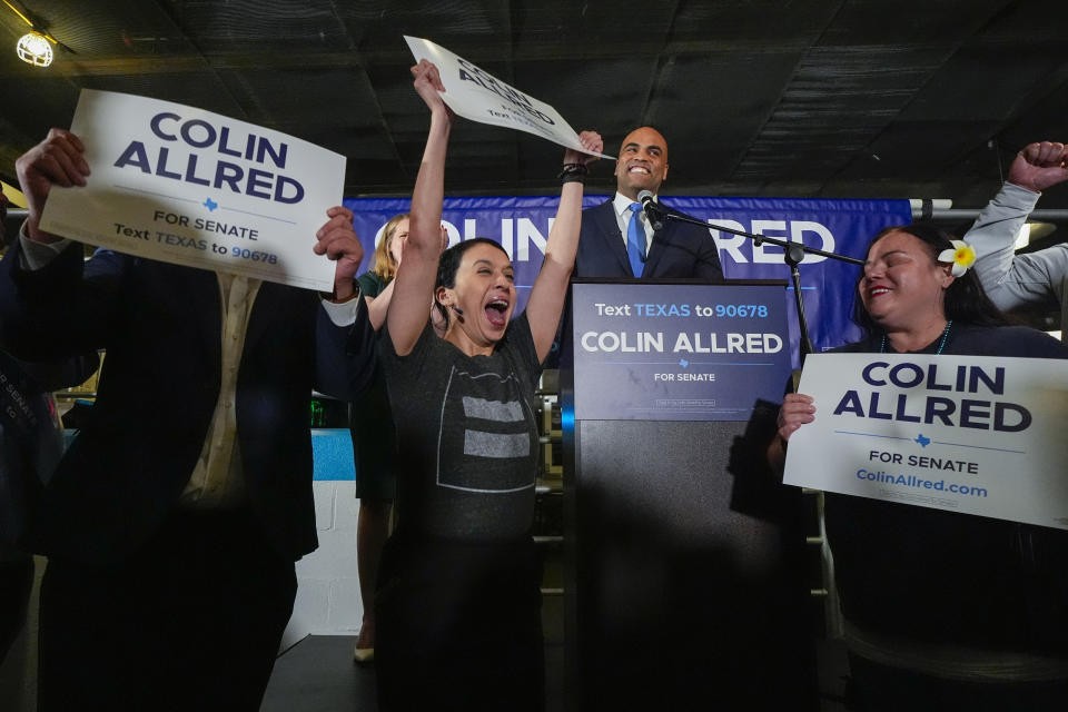 Supporters of U.S. Rep. Colin Allred, D-Texas, a candidate for the U.S. Senate, react as he addresses them during an election night gathering, Tuesday, March 5, 2024, in Dallas. (AP Photo/Julio Cortez)