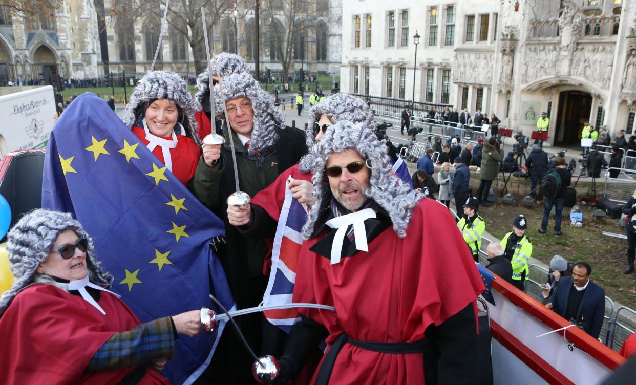 Brexit supporters on anti-EU bus outside the Supreme Court. A decision on the Article 50 case is expected on Tuesday: PA