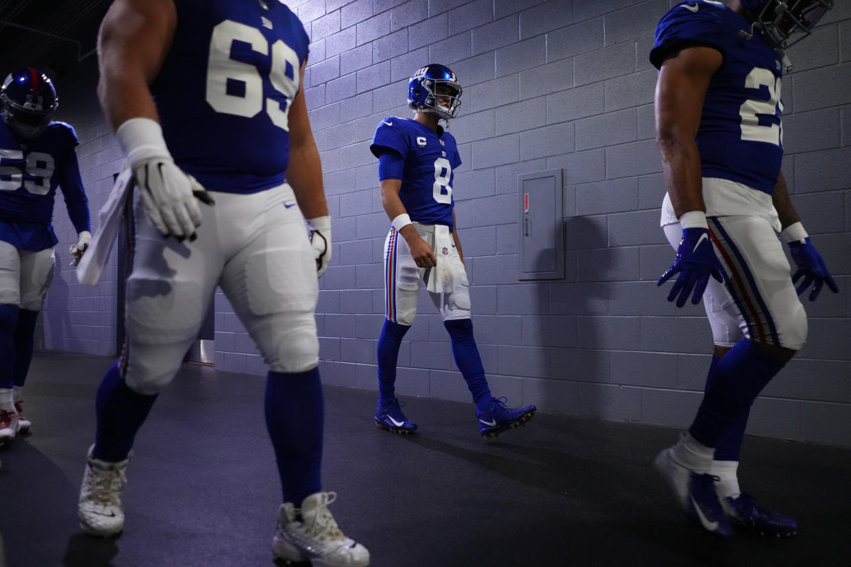 Daniel Jones (8) and the New York Giants visit the Dallas Cowboys as part of NFL Thanksgiving Day 2022. (Photo by Cooper Neill/Getty Images)