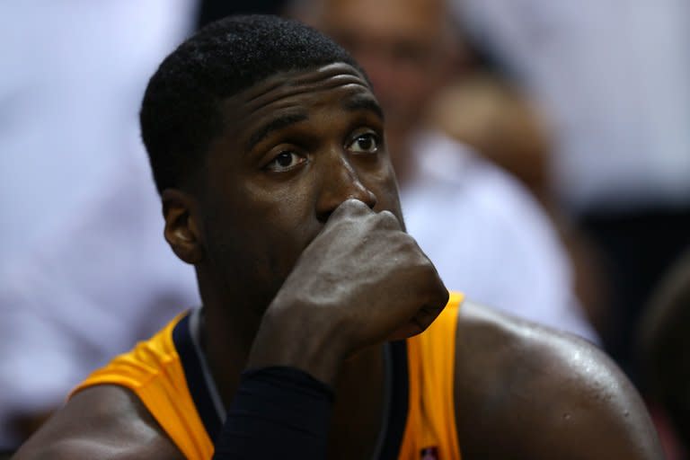 Roy Hibbert of the Indiana Pacers looks on dejected on the bench against the Miami Heat on June 3, 2013. The Pacers made 15 turnovers in the first half, 10 more than Miami, and the Heat made eight first-half steals to only two for Indiana